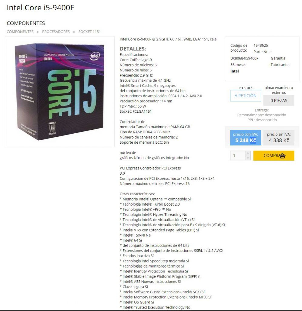 Filtradas especificaciones y precio del Intel Core i5-9400F